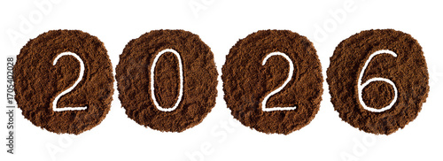 Numbers 2026 New Year made of ground coffee or pistachios, decor for cards and design