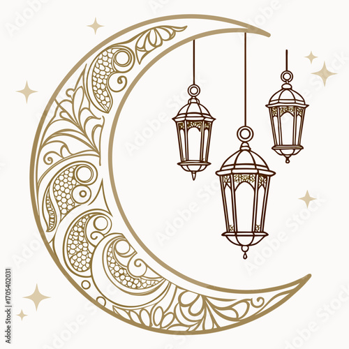 Vector art of golden crescent moon with intricate floral patterns and three hanging lanterns for ramadan celebration