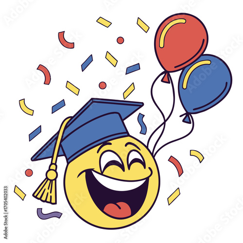 Vector art of graduation emoji celebrates with balloons and confetti in a joyful and celebratory manner