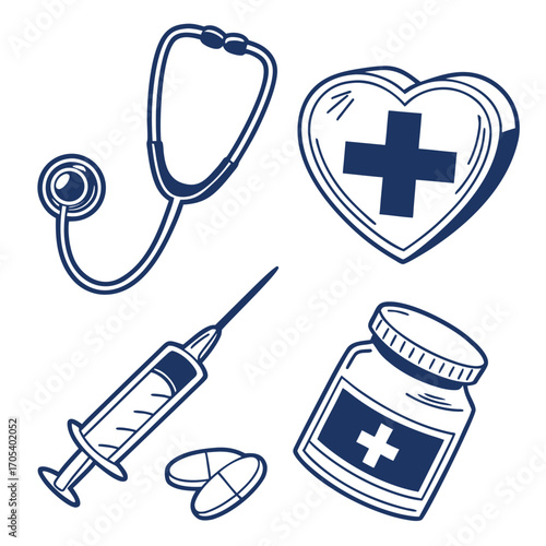 Vector art of hand drawn medical equipment, including stethoscope, heart, syringe, pills and medicine bottle
