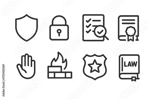 Dark Money Prevention Icons. Outline icon set of dark money prevention: shield, lock, audit checklist, compliance certificate,