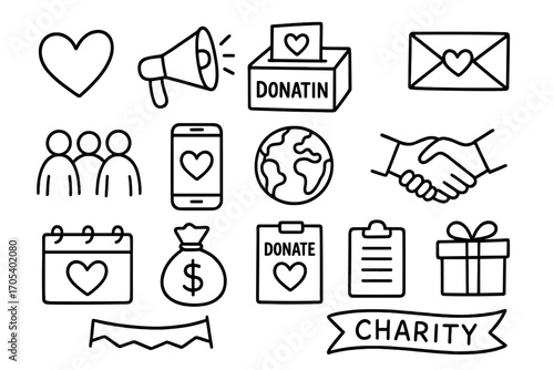 Charity Doodle Icons. Hand-drawn doodle illustration Charity campaign heart, megaphone, donation box, envelope, group of people,