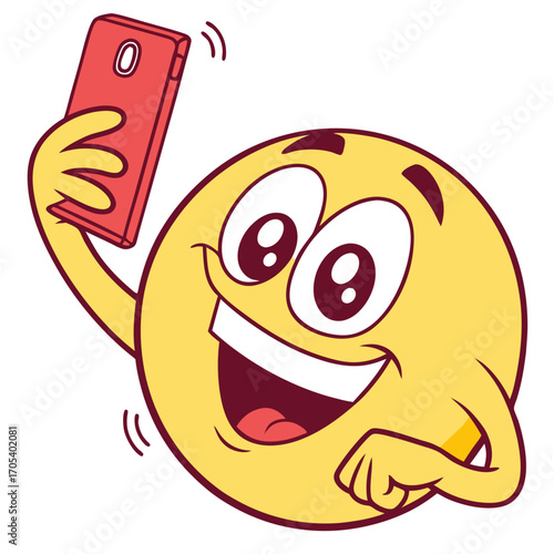 Vector art of happy cartoon emoji character taking a selfie with a smartphone smiling face expression