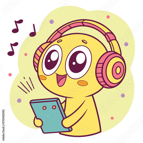 Vector art of happy cartoon character with headphones listening to music on tablet