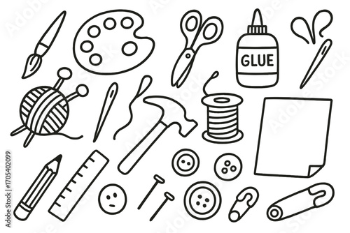 Craft Tools Doodle. and-drawn doodle illustration arts and crafts paintbrush, paint palette, scissors, glue bottle, yarn ball,