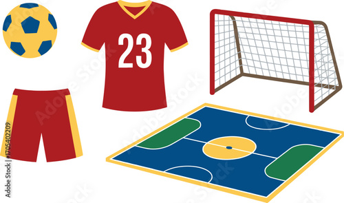 Soccer equipment including jersey and goal on white background