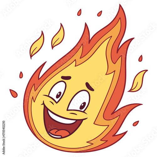 Vector art of happy fire cartoon character, radiating warmth and cheerfulness with a big smile and playful flames