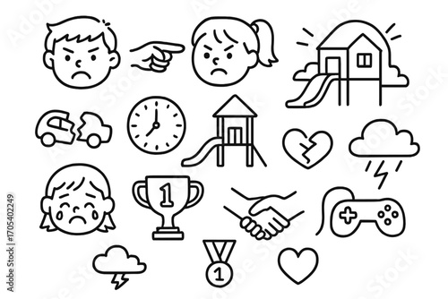 Sibling Rivalry Icons. Hand-drawn doodle illustration siblings rivalry teasing angry faces, teasing hand, crossed arms, broken toy