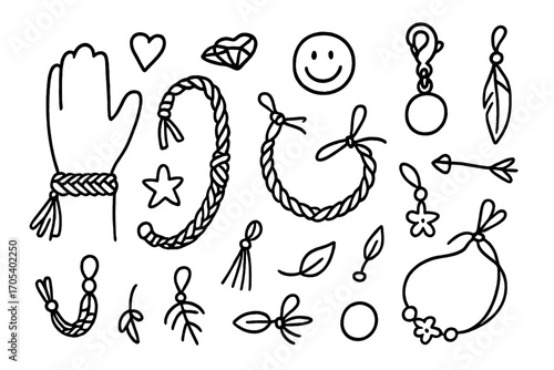 Charming Bracelet Doodles. Hand-drawn doodle illustration friendship bracelet woven bracelet, beads, knot, heart charm, string,