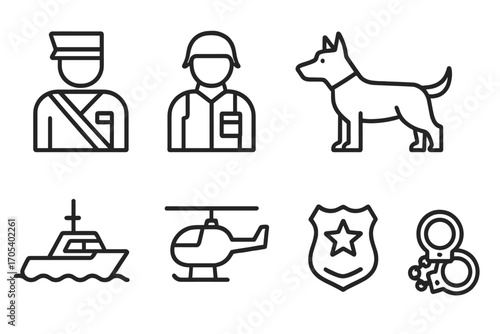 Border Personnel Icons. Outline icon set of border personnel: customs officer, soldier, police officer, guard dog, patrol boat,