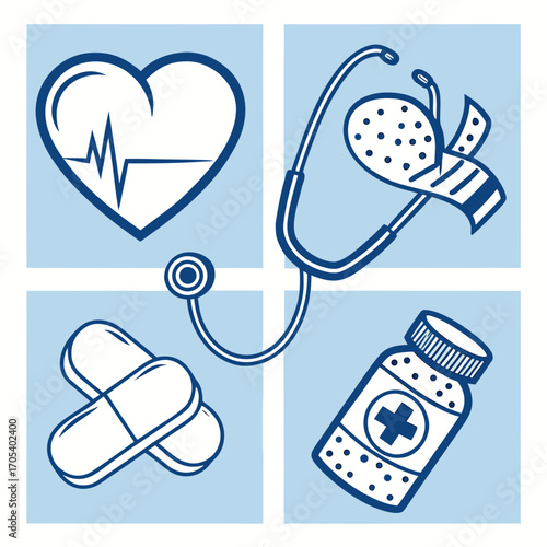 Vector art of medical equipment icons on blue background, including stethoscope, heart, pills, medicine bottle and band aid