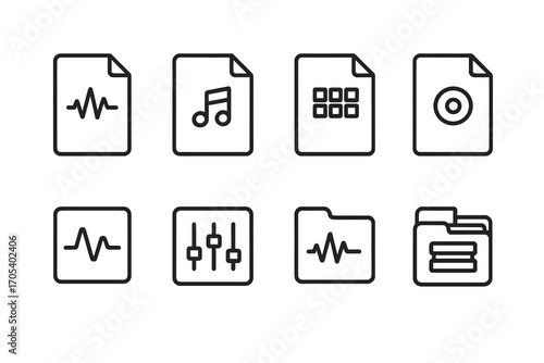 Sound File Icons. Outline icon set of sound pack file types: WAV file, MP3 file, MIDI file, AIFF file, FLAC file, project file,