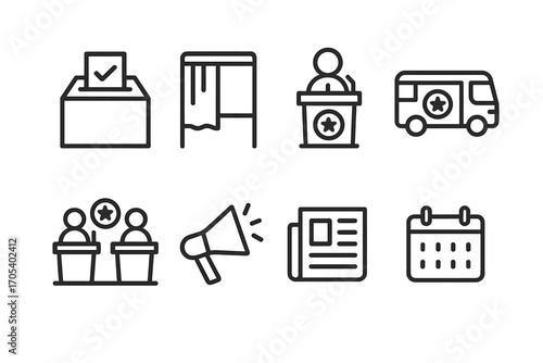 Presidential Election Icons. Outline icon set of presidential election process: ballot box, voting booth, candidate podium,