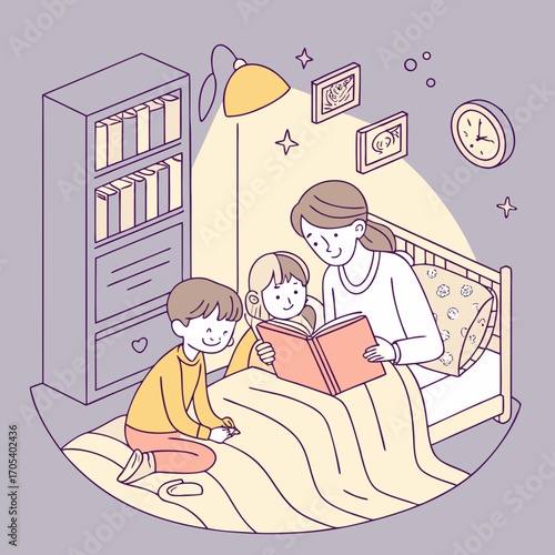 Vector art of mother reading a book to her children in bed at night with lamp and bookcase illustration