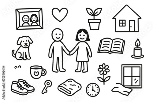 Alternative Family Doodles. Hand-drawn doodle illustration alternative family two people holding hands, pet dog, heart, plant,