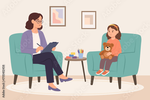 Child psychologist works with small  girl on the armchair. Psychological support. Doldrums concept. Vector flat  illustration