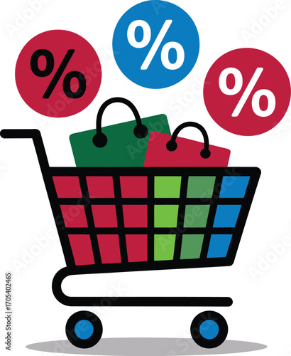 Vector art of shopping cart with bags and percentage signs