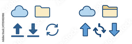 Cloud data transfer and storage icons with upload, download, and refresh symbols
