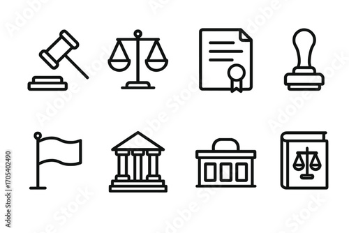 Legal Symbol Icons. Outline icon set of chamber official symbols: gavel, scales of justice, legal document, seal stamp, flag,