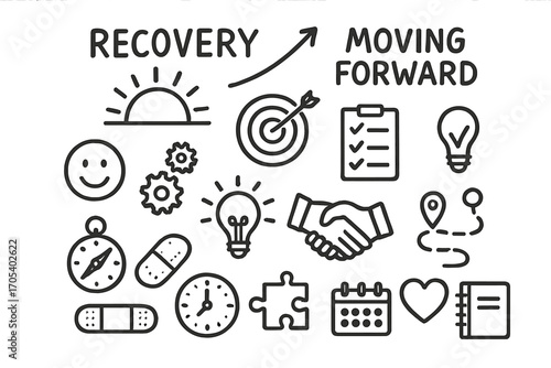 Recovery Journey Icons. Hand-drawn doodle illustration Recovery and moving forward rising sun, target, checklist, smiling face,