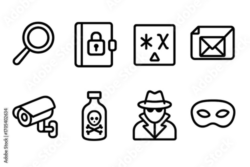 Intrigue and Secret Icons. Outline icon set of intrigue tools: magnifying glass, locked diary, cryptic symbols, secret letter,