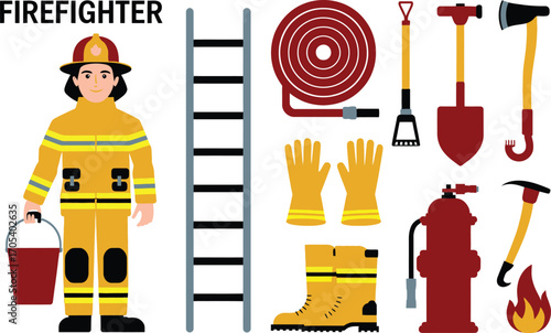 Firefighter with equipment including ladder and fire hose
