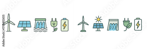 Wind, solar, hydro, battery, and plug symbols for clean power generation