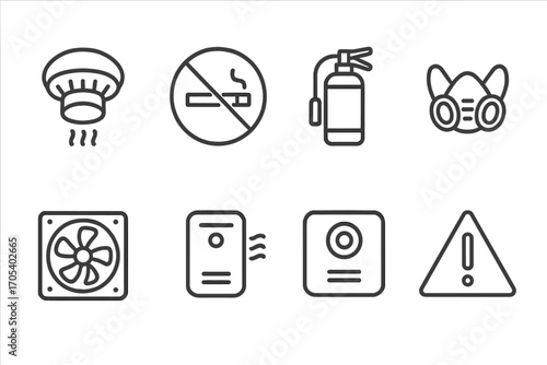 Smoking Safety Icons. Outline icon set of smoking safety: smoke alarm, no smoking sign, fire extinguisher, protective mask,