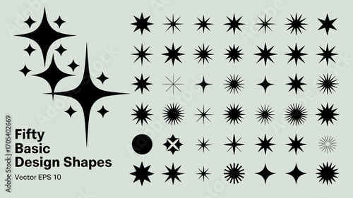 Vector illustration showcasing fifty basic design shapes including various star designs and simple geometric figures for graphic projects