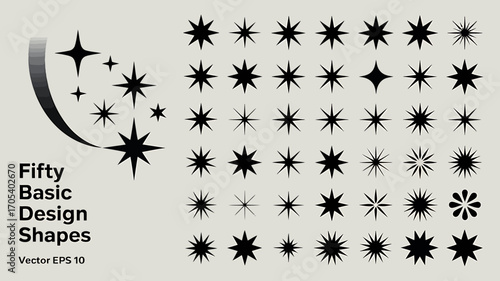 Collection of Fifty Basic Black Star Design Shapes Perfect for Graphic Elements and Creative Projects and Vector Illustration Resource