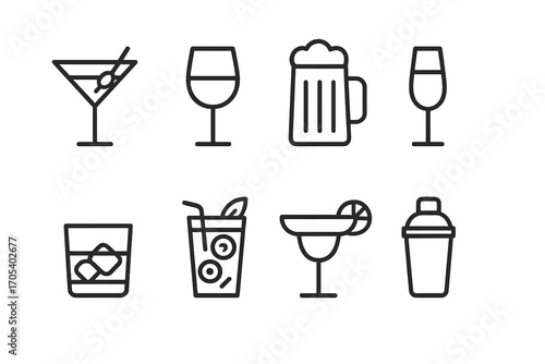 Rooftop Bar Icons. Outline icon set of rooftop bar drinks: martini, wine glass, beer mug, champagne flute, whiskey tumbler, mojito