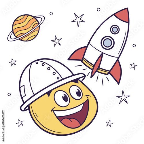 Vector art of smiling planet with a rocket ship and a saturn, a whimsical space adventure