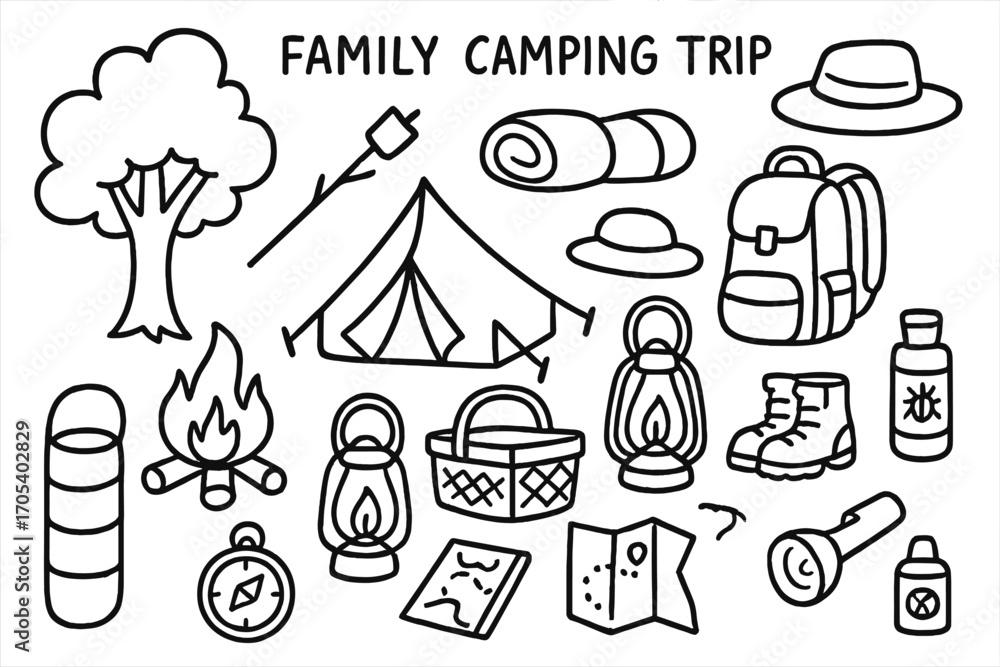 Fototapeta premium Family Camping Adventure. Hand-drawn doodle illustration Family camping trip tent, campfire, sleeping bags, backpack, marshmallow