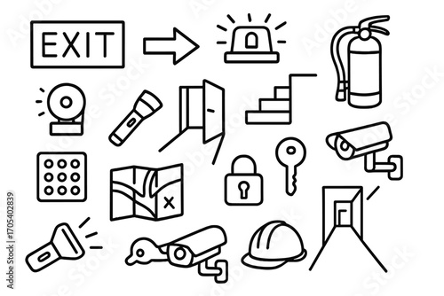 Emergency Exit Icons. Hand-drawn doodle illustration exit pathway pathway, arrow, door, stairs, emergency light, fire extinguisher
