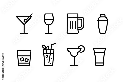 Rooftop Bar Icons. Outline icon set of rooftop bar drinks: martini, wine glass, beer mug, champagne flute, whiskey tumbler, mojito