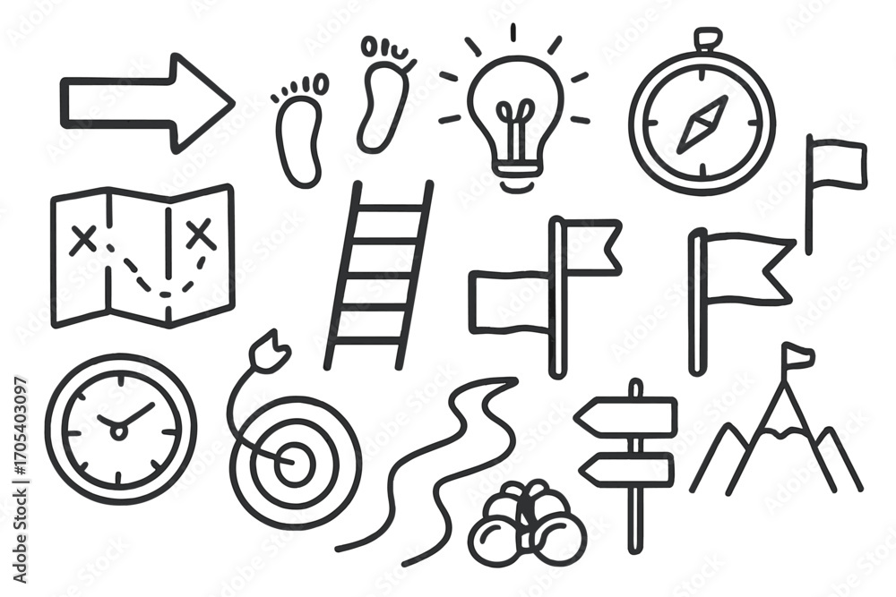 Obraz premium Journey Symbols Illustration. Hand-drawn doodle illustration way forward arrow, footsteps, light bulb, compass, map, stairs,