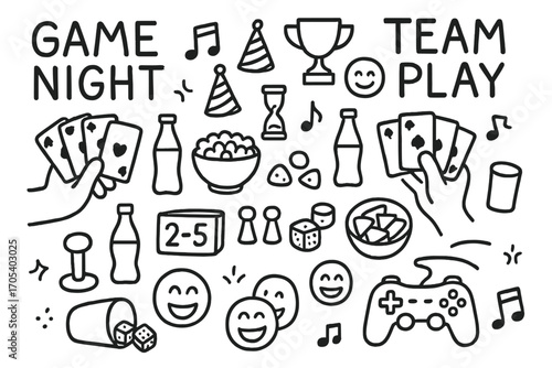Game Night Doodles. Hand-drawn doodle illustration game night team play hands holding cards, dice cup, game tokens, snacks bowl,