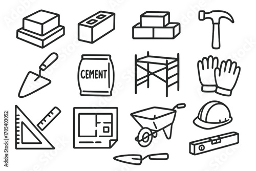 Construction Tools Doodle. Hand-drawn doodle illustration base block foundation, concrete block, brick, hammer, trowel, cement bag