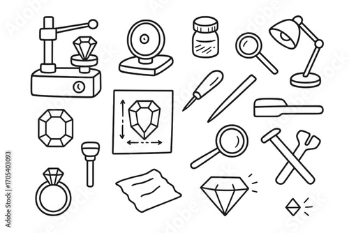 Gem Cutting Tools. Hand-drawn doodle illustration precision gem cutting faceting machine, polishing wheel, loupe, cutting tool,