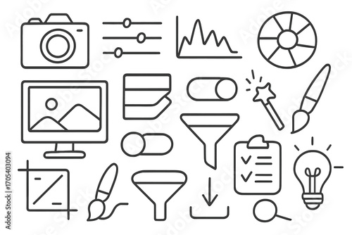 Creative Doodle Tools. Hand-drawn doodle illustration photo preset camera, sliders, histogram, color wheel, computer screen,