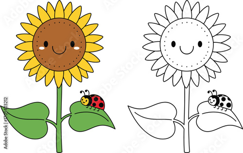 Cute sunflower with smiling face and ladybug on leaf