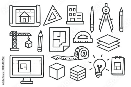 Architectural Doodle Icons. Hand-drawn doodle illustration architectural model blueprint, scale ruler, building, compass, pencil,