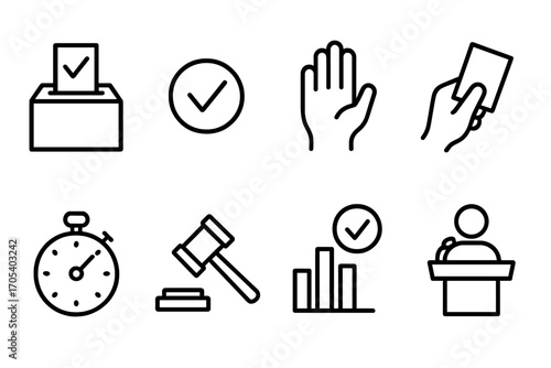 Voting Process Icons. Outline icon set of chamber voting process: ballot box, checkmark, hand raise, voting card, timer, gavel,