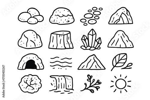 Nature's Stone Icons. Hand-drawn doodle illustration stones in nature river stones, moss-covered rock, pebble path, boulder, cliff