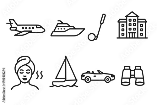 Luxury Travel Icons. Outline icon set of noble travel and leisure: private jet, yacht, golf club, luxury hotel, spa, sailing boat,
