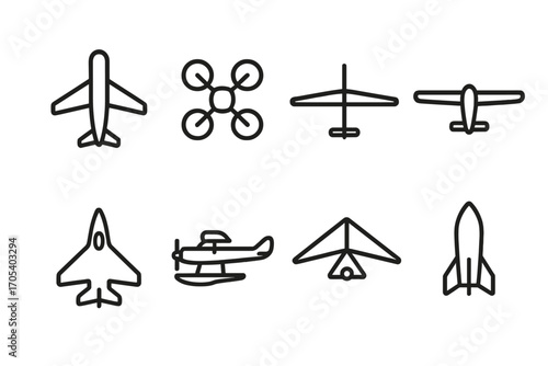 Diverse Wings Icons. Outline icon set of flying wings: airplane wings, drone wings, glider wings, propeller wings, jet wings,