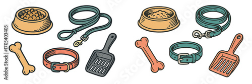 Pet care essentials: food bowls, leashes, collars, and scoops for dogs and cats