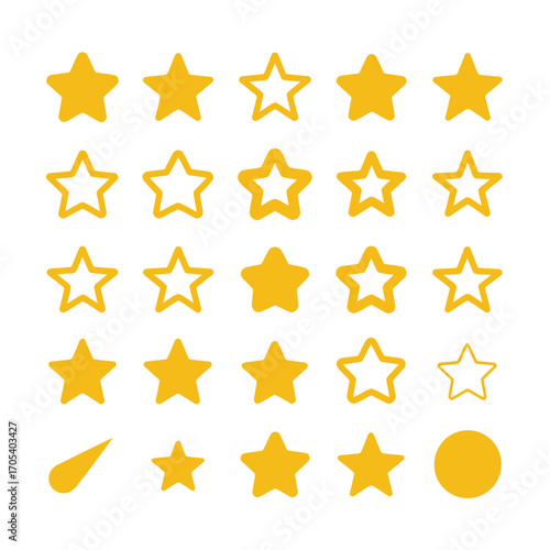 Collection of various shapes of golden stars and a circle on a white background representing quality