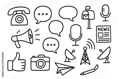 Communication Icons Doodle. Hand-drawn doodle illustration connection communication letters, mailbox, phone, envelope, chat