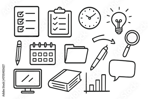 Office Doodle Icons. Hand-drawn doodle illustration example outline paper, checklist, pencil, clipboard, clock, light bulb,
